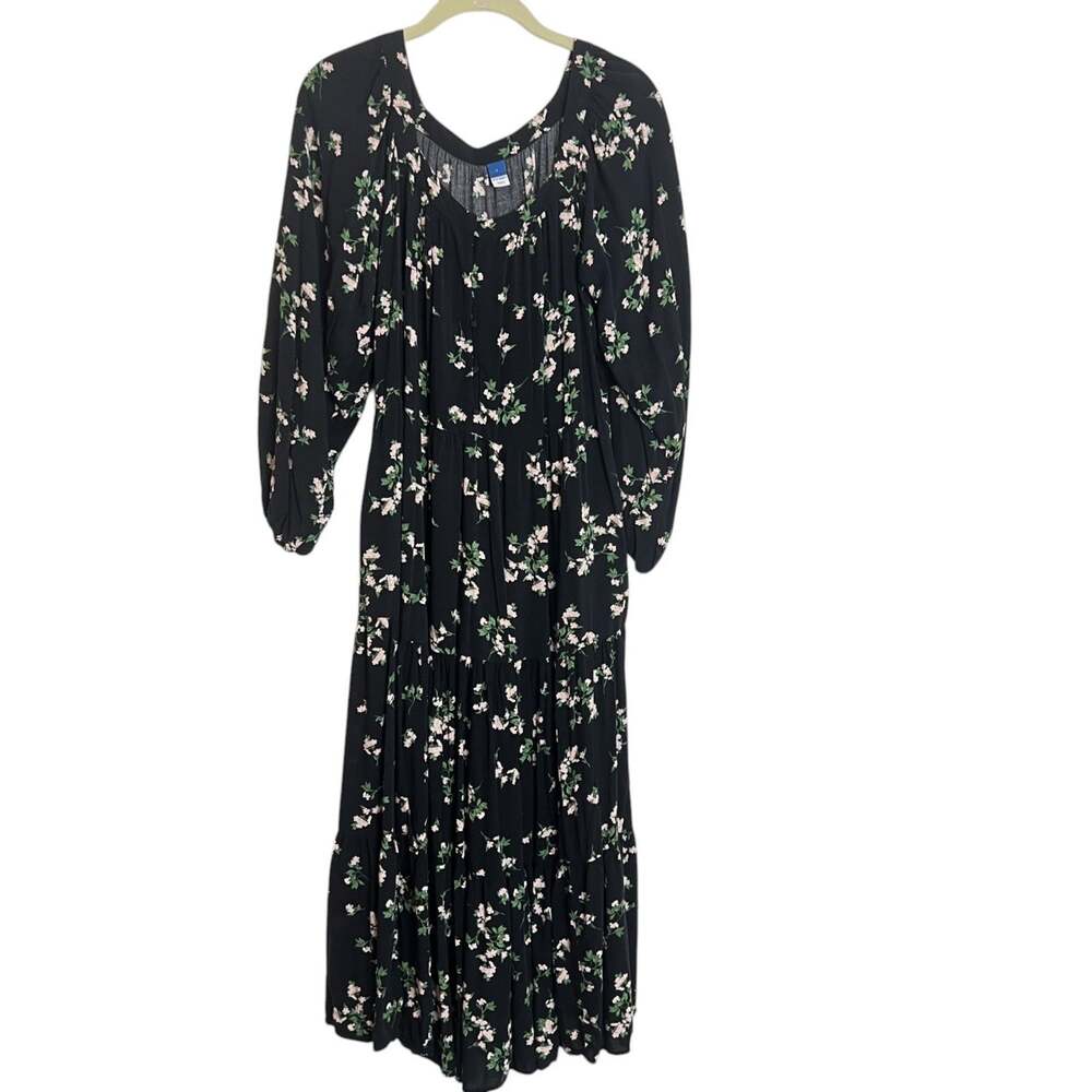 Old Navy Womens Floral Midi Dress Size L Black Pink Tiered 3/4 Sleeve